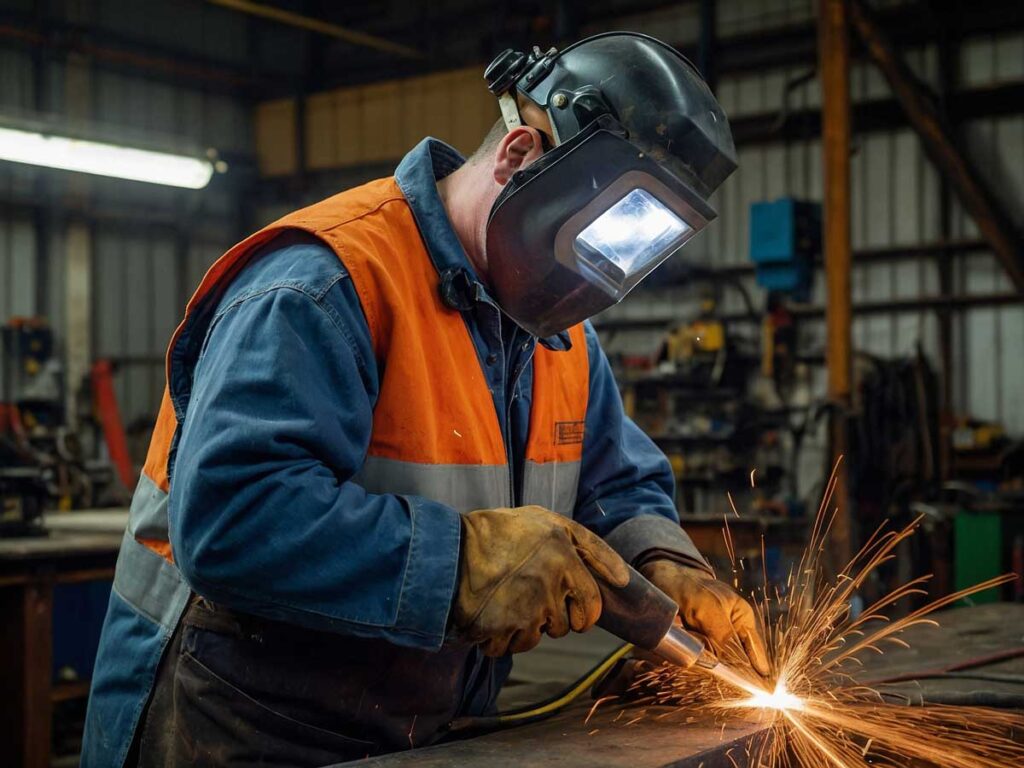 Welder wearing a pacemaker protective vest